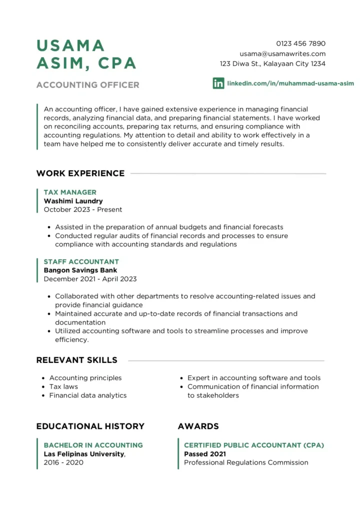 ATS-Friendly Resume/ CV Templates: How to Make an ATS-Friendly Resume with ChatGPT and Get a 90+ Score ATS friendly template for accounting officer role